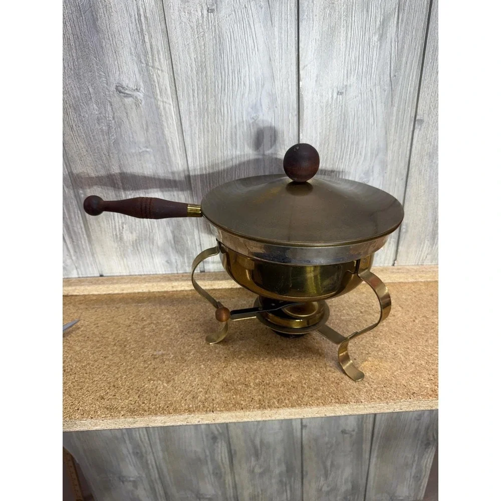 Vintage Brass Fondue Pot Set Mid Century Chafing Dish Wood Handle Burner Stand